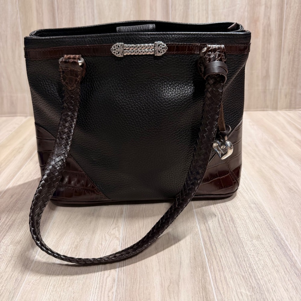 Brighton Black Pebbled Leather Brown Croc Trim Braided Strap Shoulder Bag Tote
